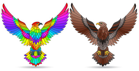 A set of contour illustration in the style of stained glass with abstract birds, animals isolated on a white backgroundのイラスト素材