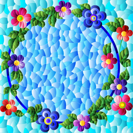Illustration in the stained glass style with a wreath of bright flowers on a blue background, rectangular imageのイラスト素材