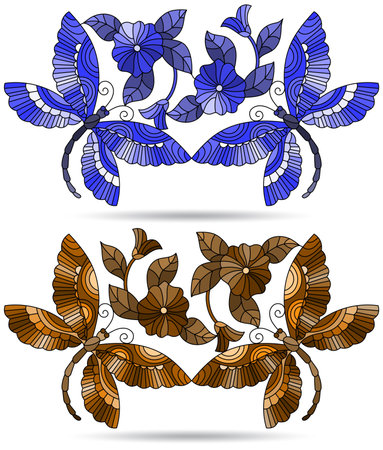 A set of stained glass illustrations with abstract dragonflies and flowers, isolated on a white background, tone blue and brownのイラスト素材