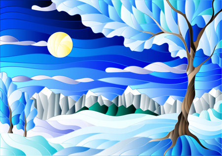 Illustration in stained glass style with winter landscape, tree on mountain landscape and Sunny sky and snow backgroundのイラスト素材