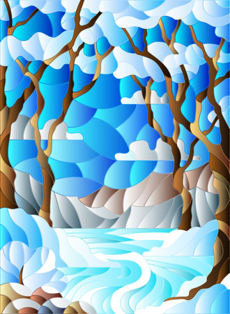 Illustration in stained glass style with a frozen Creek in the background of the sky, snowy mountains, trees and fieldsのイラスト素材
