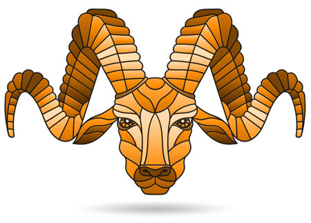 Stained glass illustration with animal head, a ram isolates on white background, tone brownのイラスト素材
