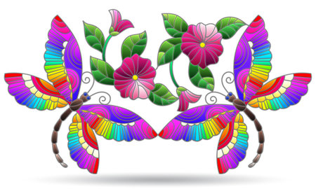 Stained glass illustration with abstract dragonflies and flowers, isolated on a white backgroundのイラスト素材