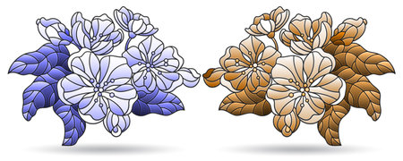A set of illustrations in the style of stained glass with cherry blossoms, plants isolated on a white background, tone blue and brownのイラスト素材