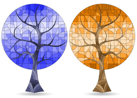 A set of illustrations in the style of stained glass with abstract trees, plants isolated on a white background, tone blue and brownのイラスト素材
