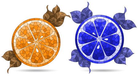 A set of illustrations in the style of stained glass with orange slices, fruit isolated on a white background, tone brown and blueのイラスト素材