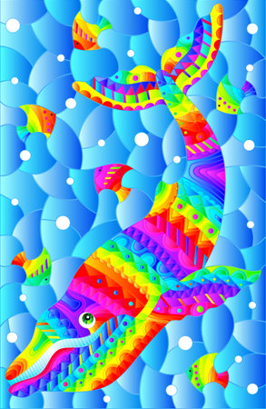 An illustration in the style of a stained glass window with an abstract rainbow whale on a background of water and air bubblesのイラスト素材