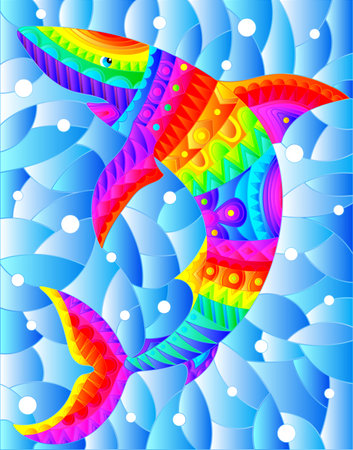An illustration in the style of a stained glass window with an abstract rainbow shark on a background of water and air bubblesのイラスト素材