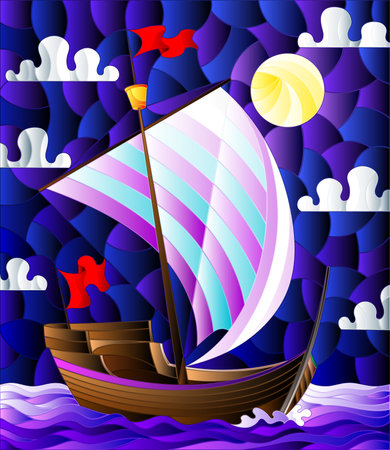 Illustration in stained glass style with sailboats with light sails against the sky, the sea and the moonのイラスト素材