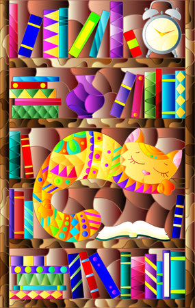 A stained glass illustration with a cute cartoon cat sleeping on bookshelvesのイラスト素材