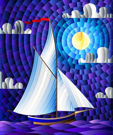 Illustration in stained glass style with an ship sailing with white sails against the sea, moon and sky, seascapeのイラスト素材