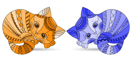Set of stained glass elements with a cats , isolated images on white background, tone blue and brownのイラスト素材