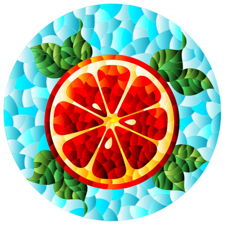 An illustration in the style of a stained glass window with a slice of orange, cherries and leaves on a blue background, round imageのイラスト素材