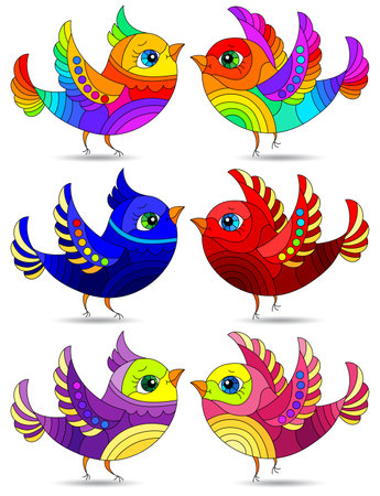 An illustration in the style of a stained glass window with bright cute birds, animals isolated on a white backgroundのイラスト素材