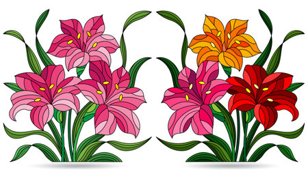 Set of stained glass illustrations with bouquets of Lily flowers, isolated on white backgroundのイラスト素材