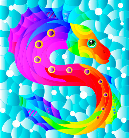 Illustration in the style of a stained glass window with a bright rainbow fish scalar on a background of blue water, rectangular imageのイラスト素材