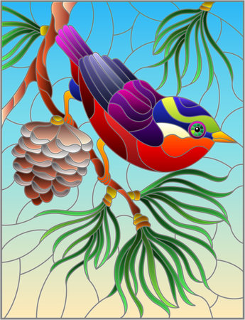 An illustration in the style of a stained glass window with a bright bird on a fir branch, against a blue sky backgroundのイラスト素材