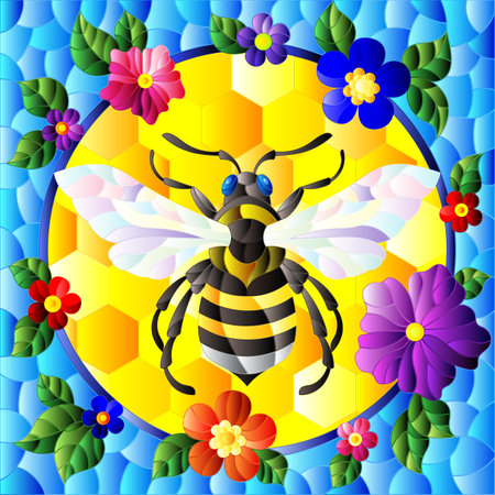 Illustration in the style of a stained glass window with a bee in a circle on a background of honeycombs and bright flowers, rectangular imageのイラスト素材