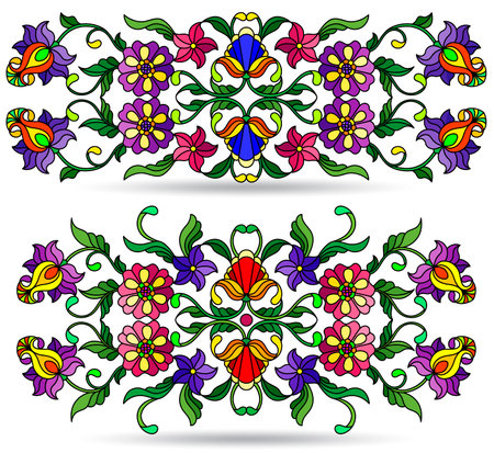 A set of illustrations in a stained glass style with abstract botanical elements, isolated on a white backgroundのイラスト素材