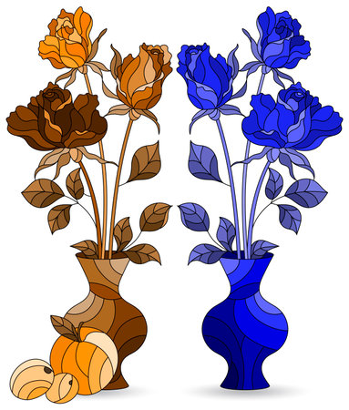 Set of illustrations in stained glass style with bouquets of peony flowers in vases and fruits, isolated on a white background, tone blue and brownのイラスト素材
