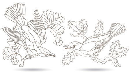 Set of contour illustrations in stained glass style with birds, animals on branches isolated on a white backgroundのイラスト素材
