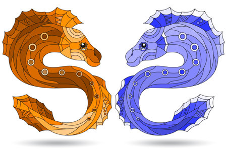 A set of illustrations in the style of a stained glass window with a fishes, animals isolated on a white background, tone blue and brownのイラスト素材