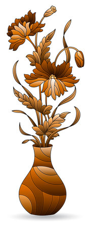 Illustration in the style of a stained glass window with a floral still life, a vase of flowers isolated on a white background, tone brownのイラスト素材