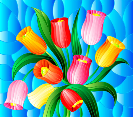 Illustration in stained glass style a bouquet of brigh Tulips on a blue backgroundのイラスト素材