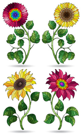 Set of illustrations in a stained glass style with bright flowers, flowers isolated on a white backgroundのイラスト素材