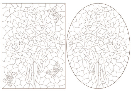 A set of contour illustrations in the style of stained glass with bouquets of carnations, dark outlines on a white backgroundのイラスト素材