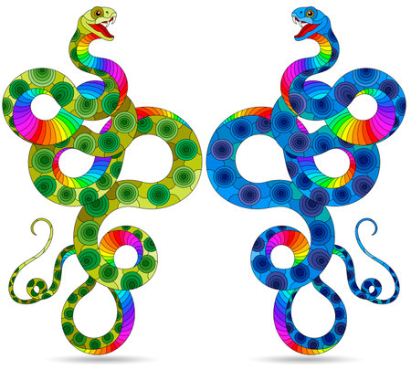 A set of stained glass illustrations with bright snakes, animals isolated on a white backgroundのイラスト素材