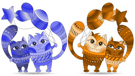 A set of illustrations in the style of stained glass with a cute cats, animals isolated on a white background, tone blue and brownのイラスト素材