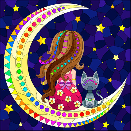 A stained glass illustration with a girl and a cat on the moon on a starry sky backgroundのイラスト素材