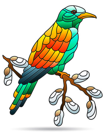 Illustration in stained glass style with bright bird, animal on branches isolated on a white backgroundのイラスト素材