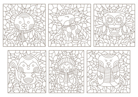 A set of contour illustrations in the style of stained glass with cute animals, dark contours on a white backgroundのイラスト素材