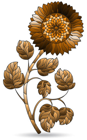Illustration in stained glass style with abstract flower, flower isolated on white background, tone brownのイラスト素材