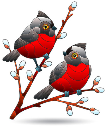 Illustrations in the style of stained glass windows with birds on branches, animals isolated on a white backgroundのイラスト素材