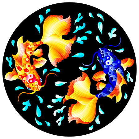 An illustration in the style of a stained glass window with koi carp on a black backgroundのイラスト素材