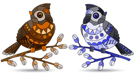 A set of illustrations in the style of stained glass windows with birds on branches, animals isolated on a white background, tone blue and brownのイラスト素材
