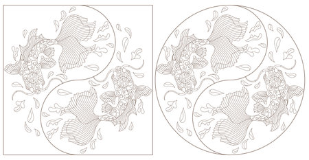 A set of contour illustrations in the style of stained glass with koi carp fish, dark contours on a white backgroundのイラスト素材