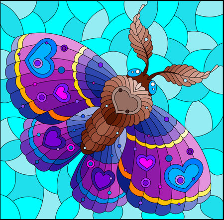 A stained glass illustration with a cute moth on a blue sky backgroundのイラスト素材