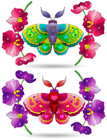 A set of stained glass illustrations with bright moths, animals isolated on a white backgroundのイラスト素材
