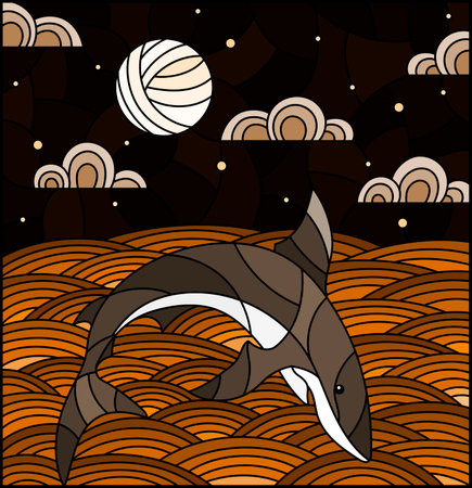 Illustration in stained glass style with shark into the waves, starry sky,moon and clouds, tone brownのイラスト素材