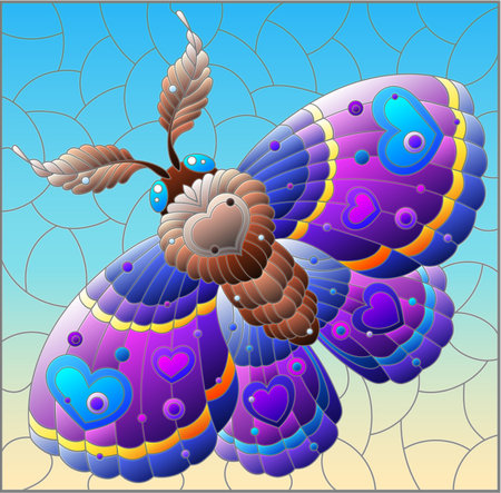 A stained glass illustration with a cute moth on a blue sky backgroundのイラスト素材