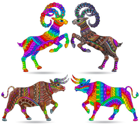 Stained glass illustrations with abstract bulls and rams, animals isolated on a white backgroundのイラスト素材