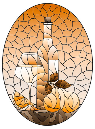 Illustration in the style of a stained glass window with a still life, a bottle of white wine, a glass and fruit, oval image, tone brownのイラスト素材
