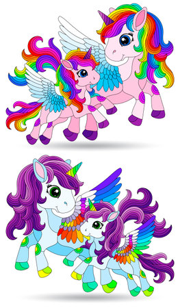 A set of stained glass illustrations with cute cartoon unicorns, animals isolated on a white backgroundのイラスト素材