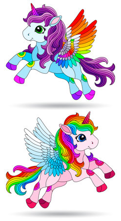 A set of stained glass illustrations with cute cartoon unicorns, animals isolated on a white backgroundのイラスト素材