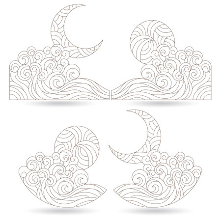 A set of contour illustrations in the style of stained glass with seascapes, dark contours on a white backgroundのイラスト素材