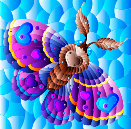 A stained glass illustration with a cute moth on a blue sky backgroundのイラスト素材